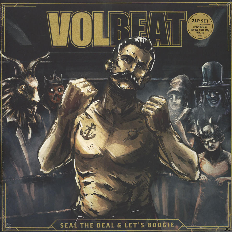 Albumcover mit Boxer umgeben von Figuren, mit dem Bandnamen 'Volbeat'.