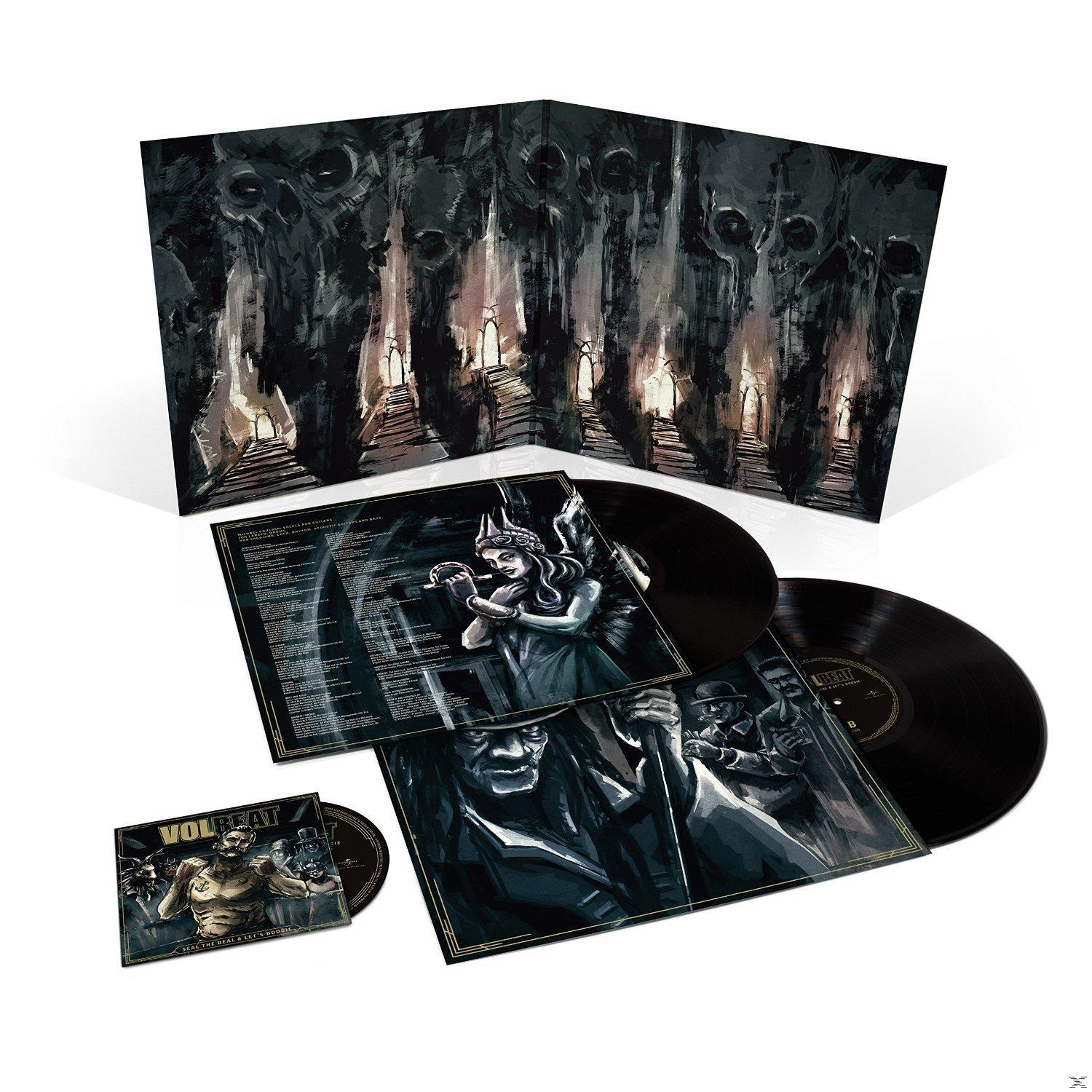 Albumcover mit Illustrationen. Schwarze Schallplatten und eine CD sind vorhanden.