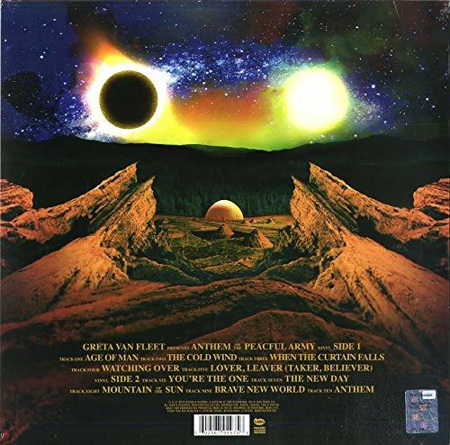 Albumcover-Kunst eines Vinyl-Schallplattens mit einer Landschaft aus Bergen und zwei Sonnen.