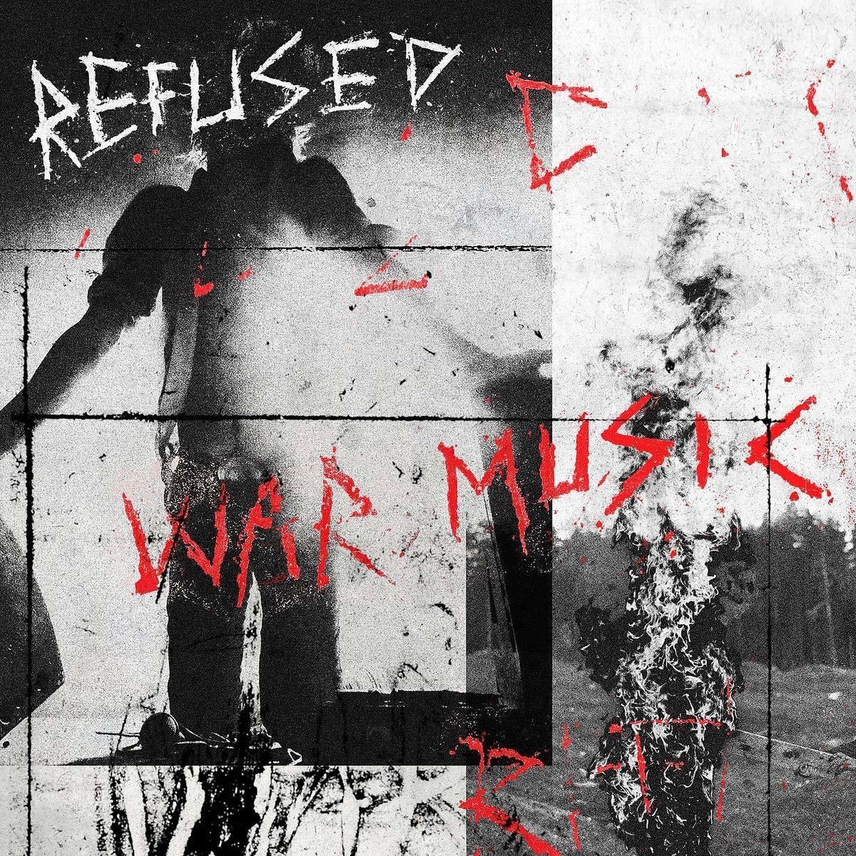 Refused - War Music Albumcover. Schwarzweiß mit einer Figur und einer Atompilzwolke.