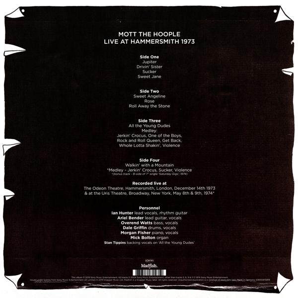 Eine schwarze LP-Hülle mit Titellisten und Personal eines Live-Albums von Mott the Hoople.