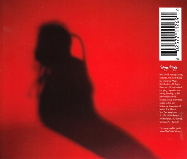 Albumcover mit rotem Hintergrund und Silhouette, mit Text und Barcode.