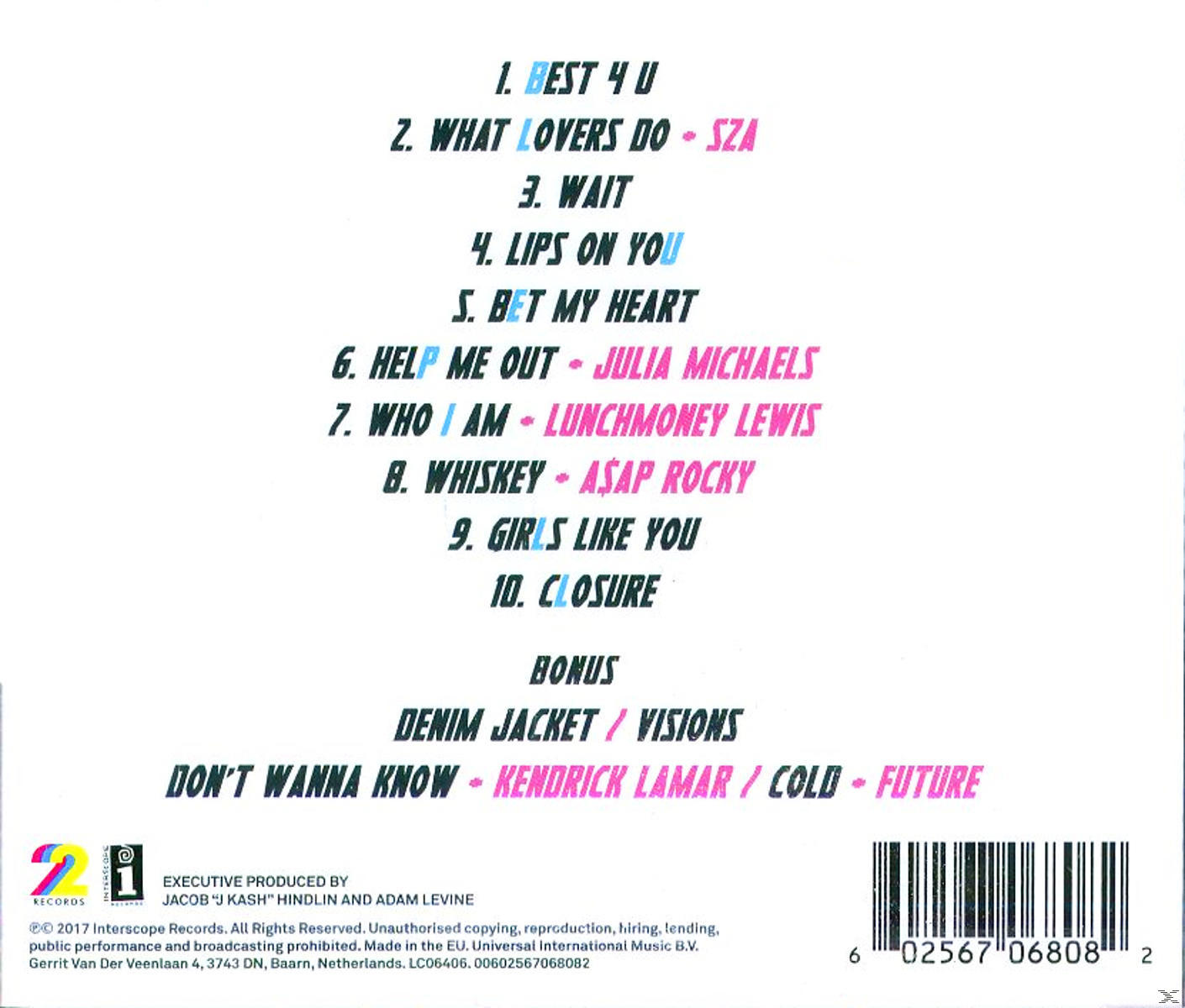 Album-Rückseite mit Titelliste, Credits und Logos. Der Text ist in Pink und Schwarz gehalten.