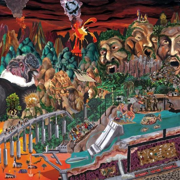 Albumcover mit surrealer Landschaft, Figuren und leuchtenden Farben. Rot, Orange und Grün dominieren.