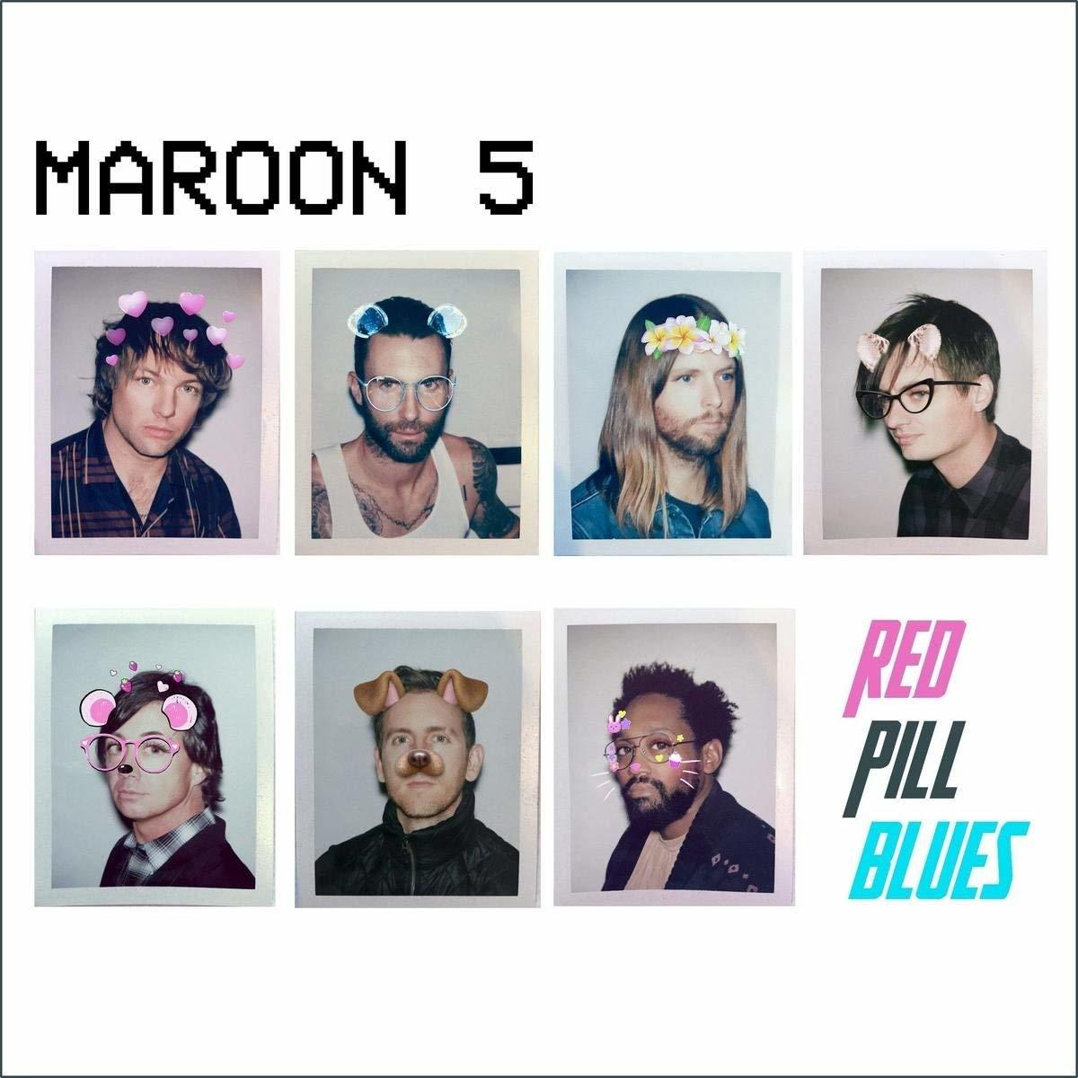 A Maroon 5 album borítója. A zenekar tagjainak fotói Snapchat szűrőkkel. Cím: Maroon 5, Red Pill Blues.