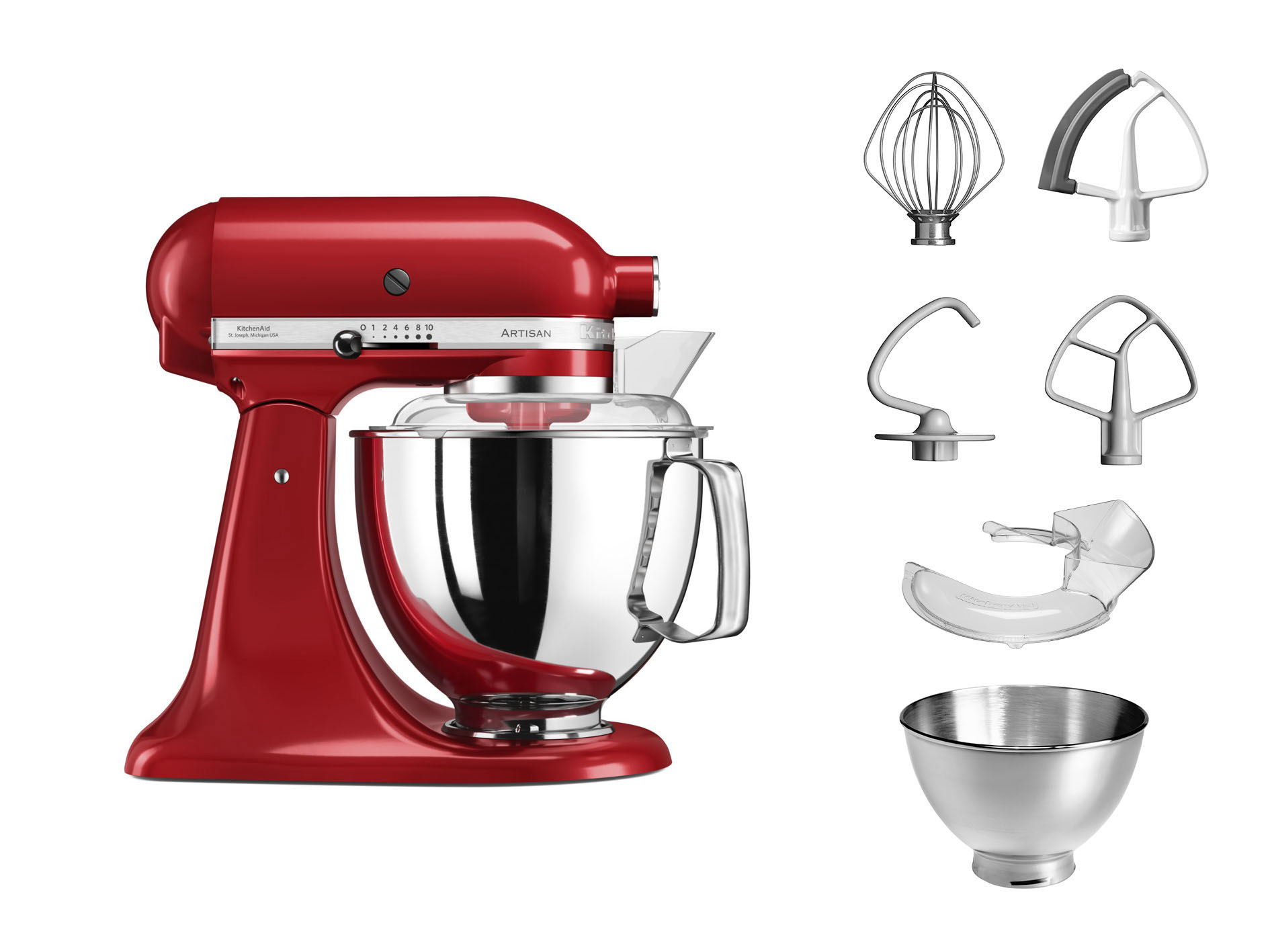 Roter KitchenAid-Küchenmixer mit Aufsätzen und Schüssel auf weißem Hintergrund.