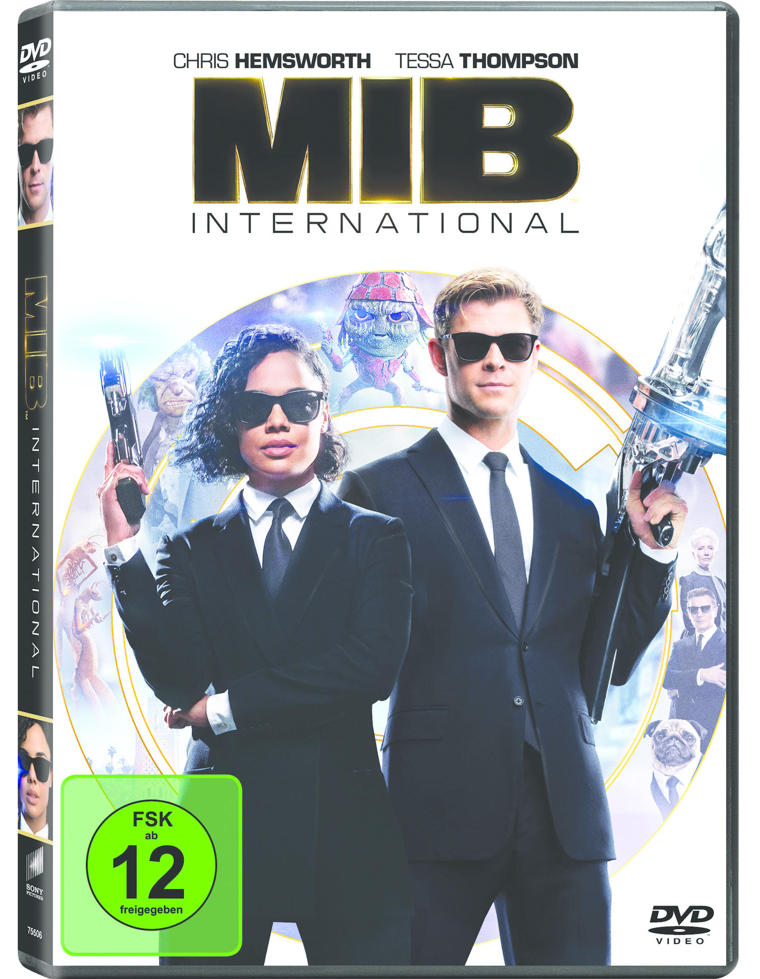 DVD-Cover für den Film 'MIB: International'. Enthält Chris Hemsworth und Tessa Thompson, Filmtitel und ein grünes Logo.