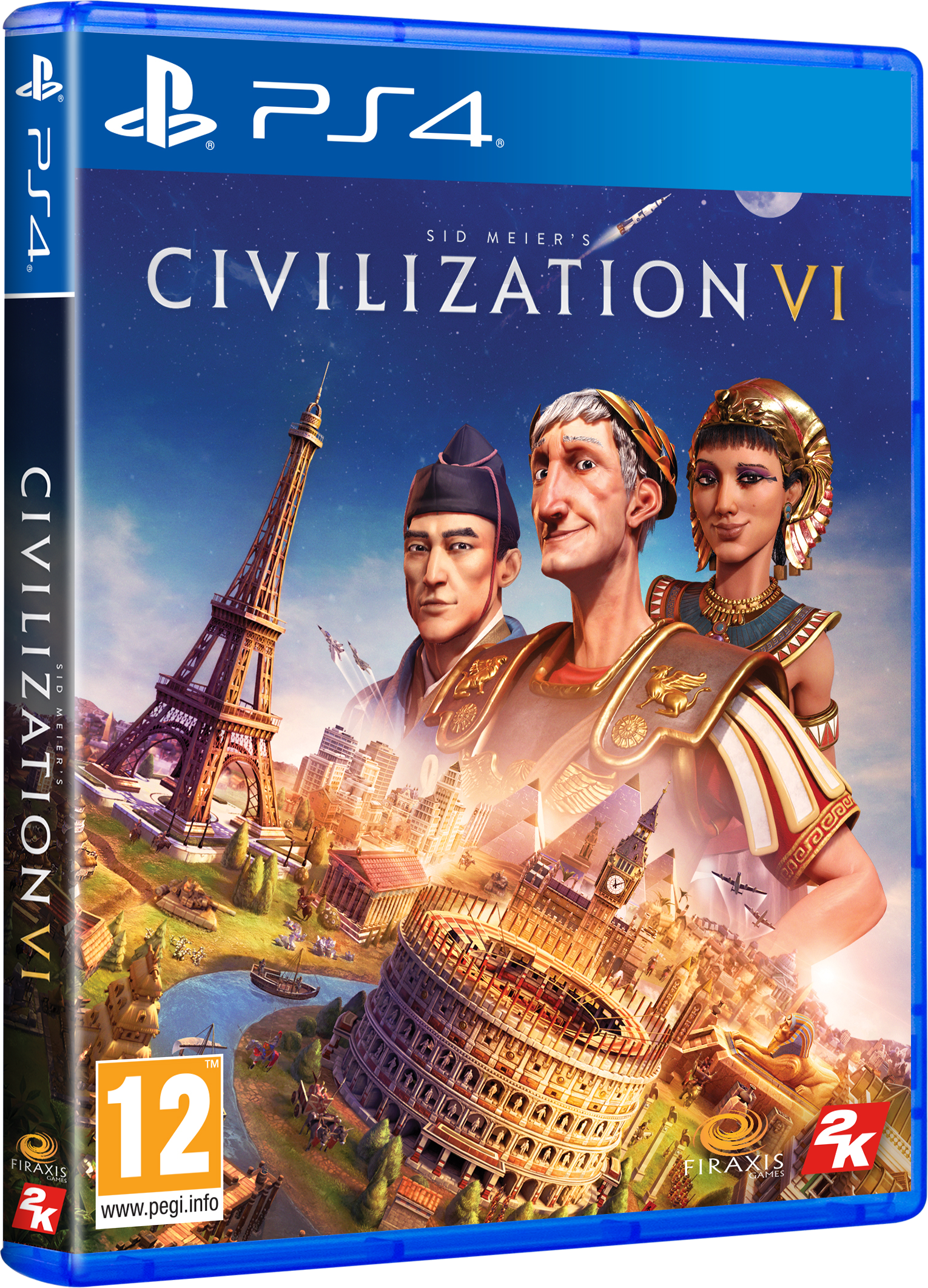 Civilization VI PS4 tok, nevezetességekkel és karakterekkel csillagos égbolton.