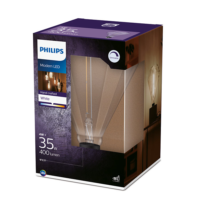 Box mit einer Glühbirne darin. Die Box ist lila und braun. Die Glühbirne ist lang und aus Glas.