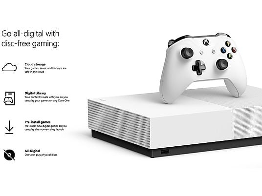 Consola - Xbox One S 1 TB, Digital Edition (Solo juegos digitales) Blanca + Fortnite, Minecraft y Sea of Thieves