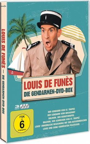 DVD-Box von Louis de Funès mit einem cartoonartigen Bild, französischem Text und einer DVD-Disc.