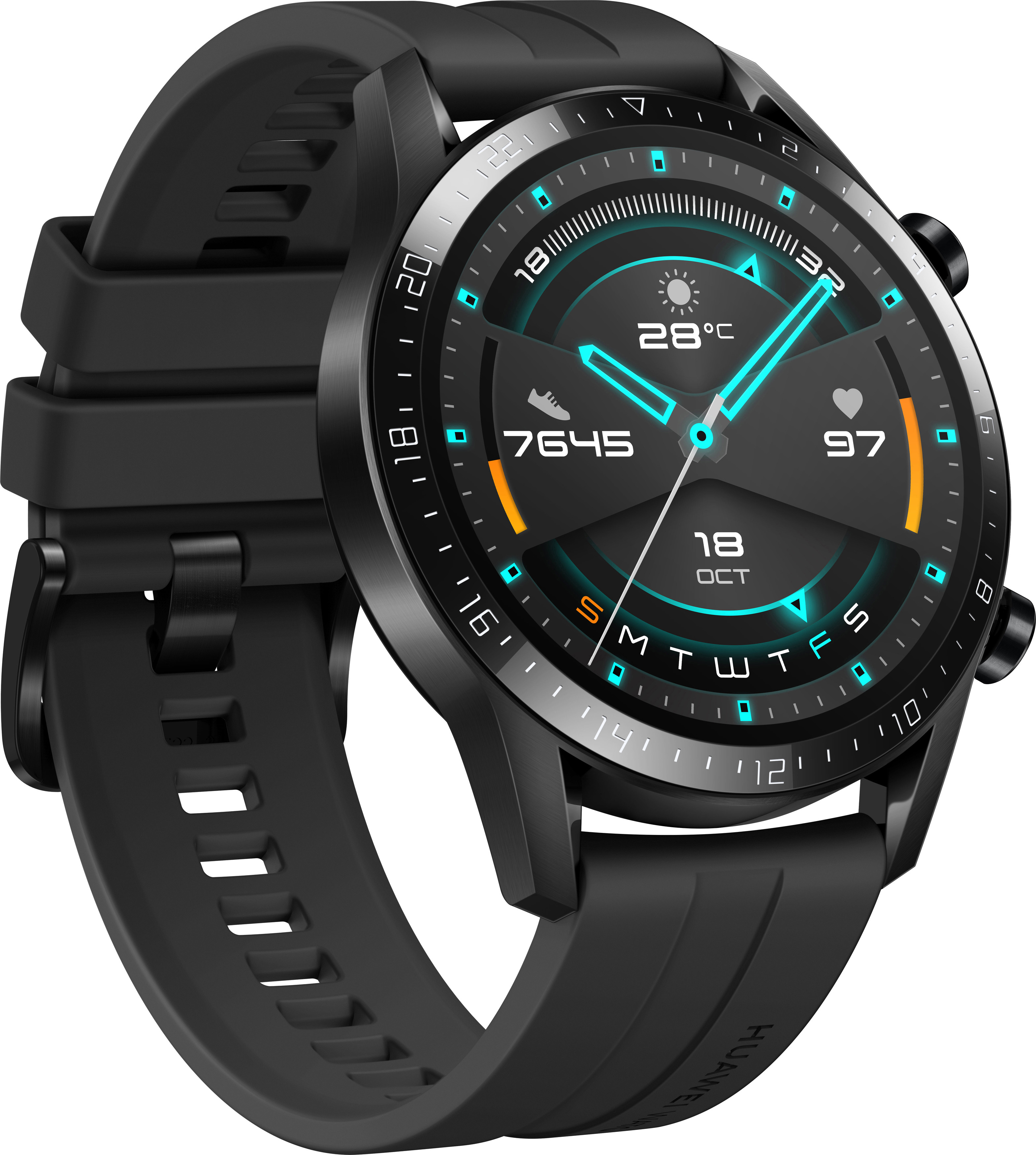 Schwarze Smartwatch mit rundem Display, das Datum, Uhrzeit und Gesundheitsdaten anzeigt.
