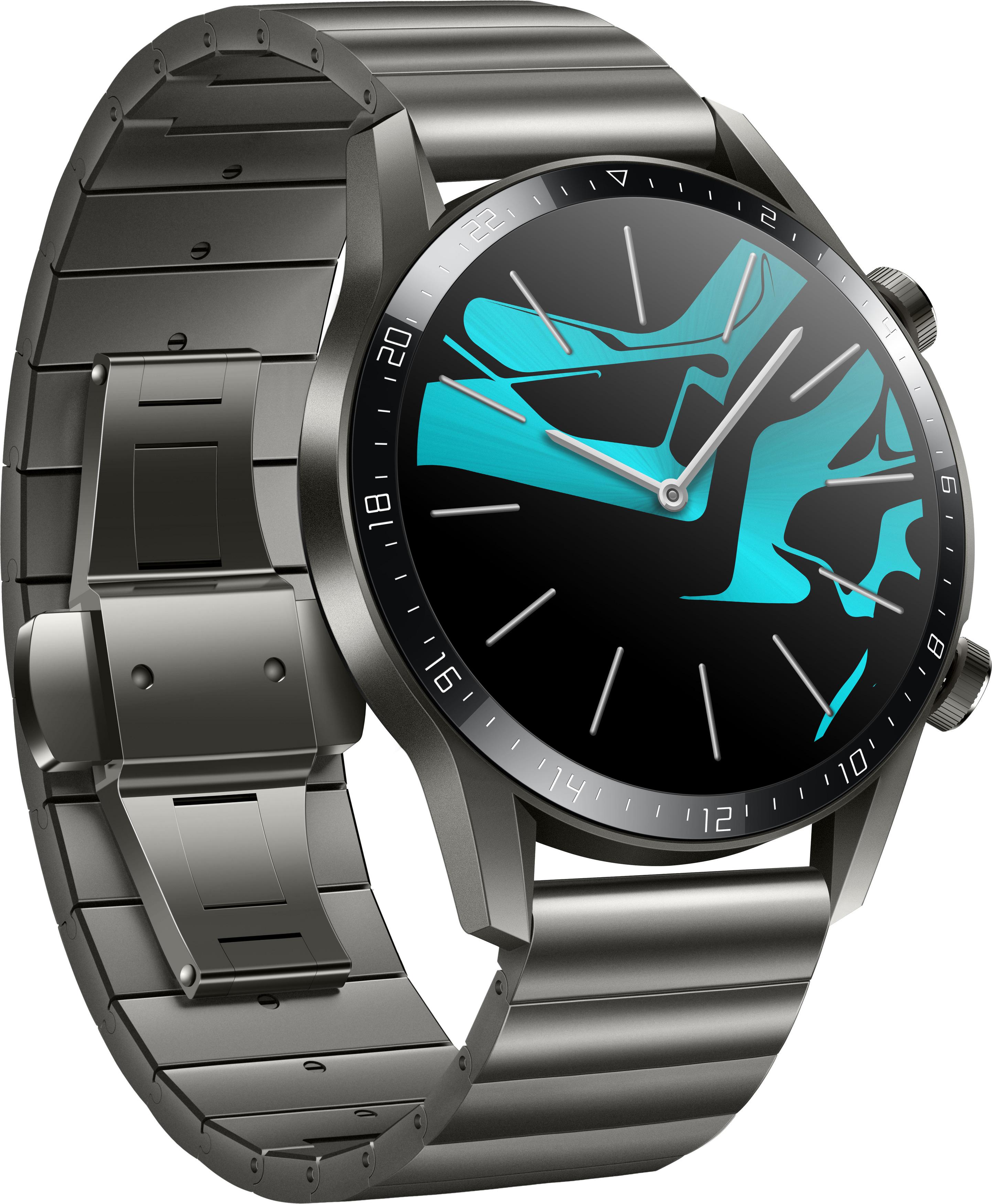 Silberne Smartwatch mit schwarzem Zifferblatt und blauem Design. Metallband.