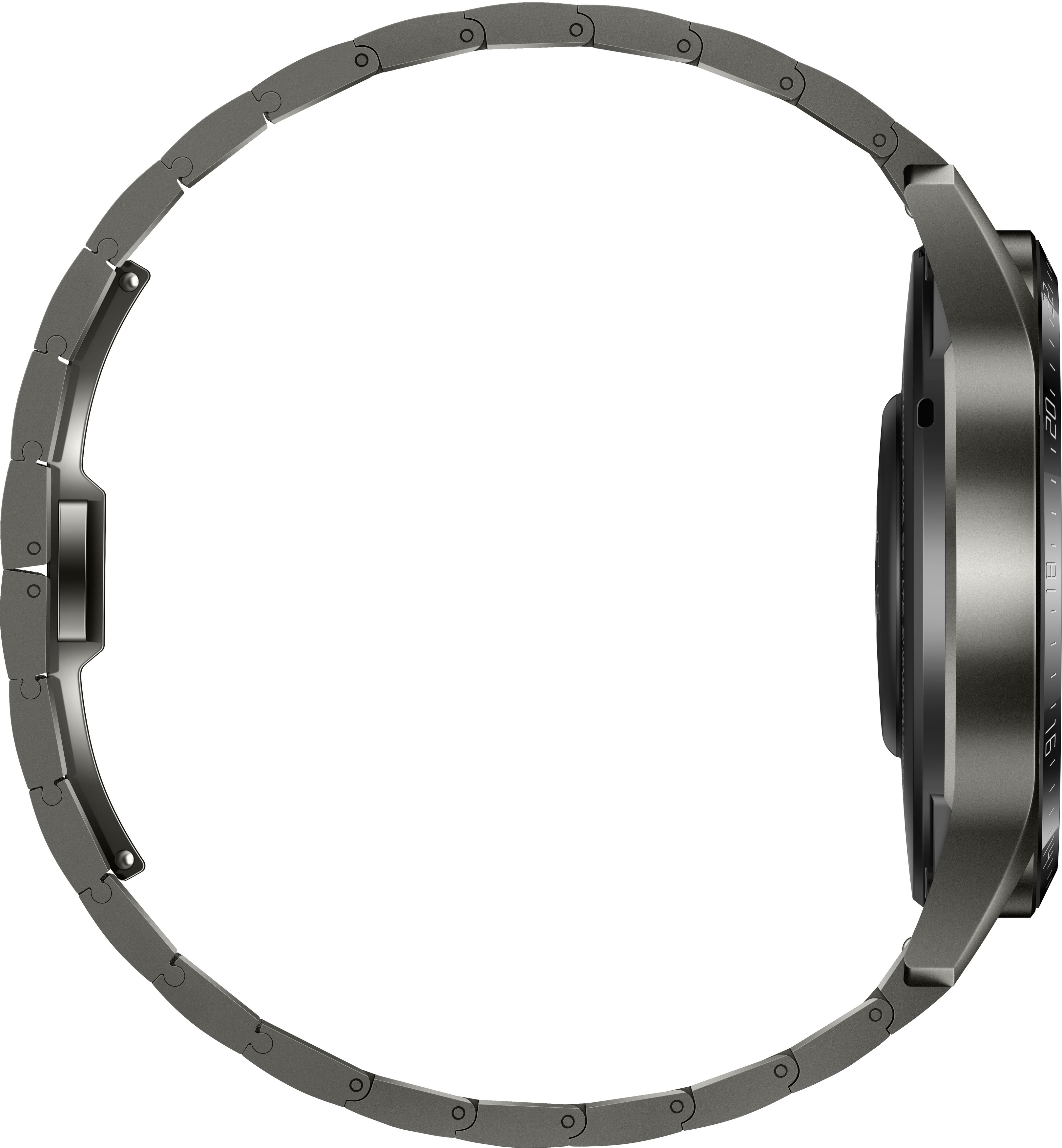 Eine silberne Smartwatch mit schwarzem Bildschirm, silbernes Armband, Seitenansicht.