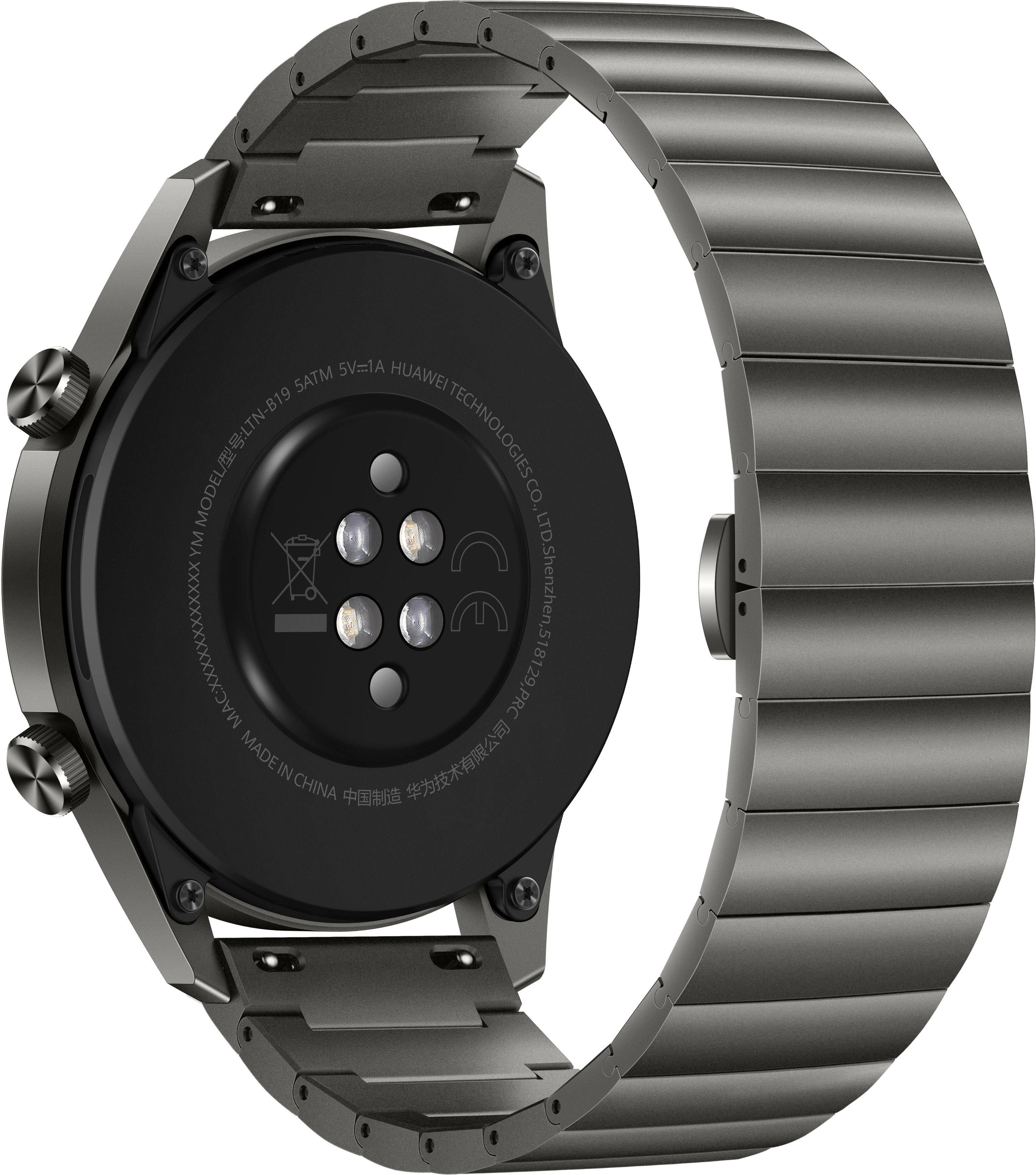 Nahaufnahme der Rückseite einer Smartwatch. Sie ist dunkelgrau mit Metallband. Weißer Hintergrund.