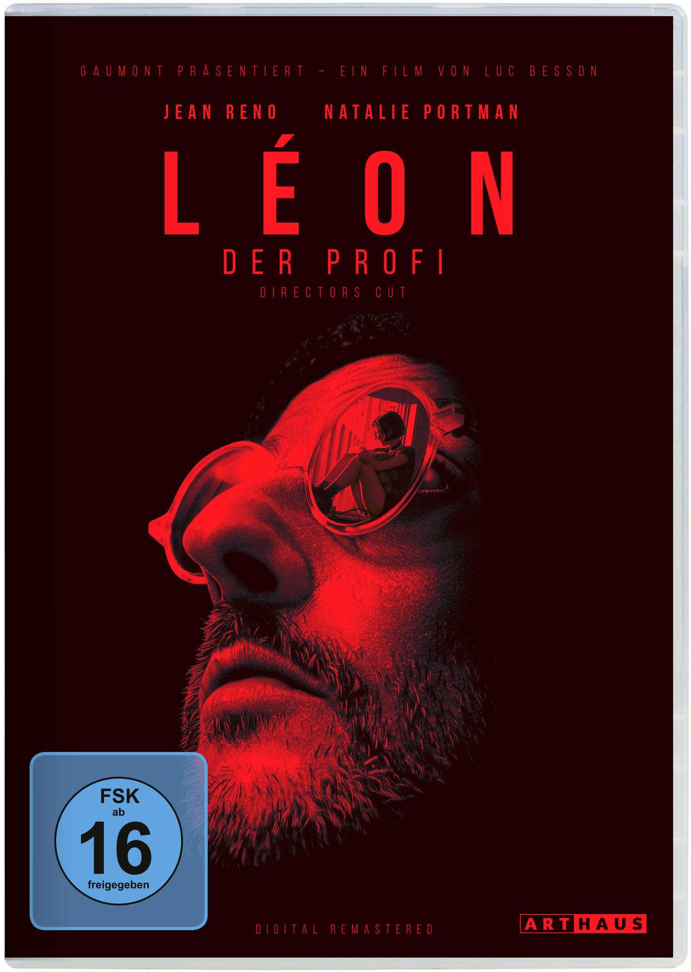 DVD-Cover von 'Léon: Der Profi' mit Nahaufnahme von Léons Gesicht und einer Frau mit Brille.