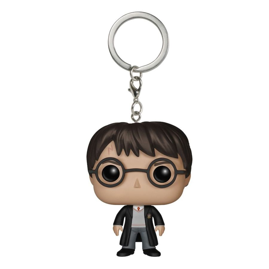 Harry Potter Schlüsselanhänger-Figur. Eine Funko Pop Figur von Harry Potter in schwarzem Umhang, Brille, mit Schlüsselring.