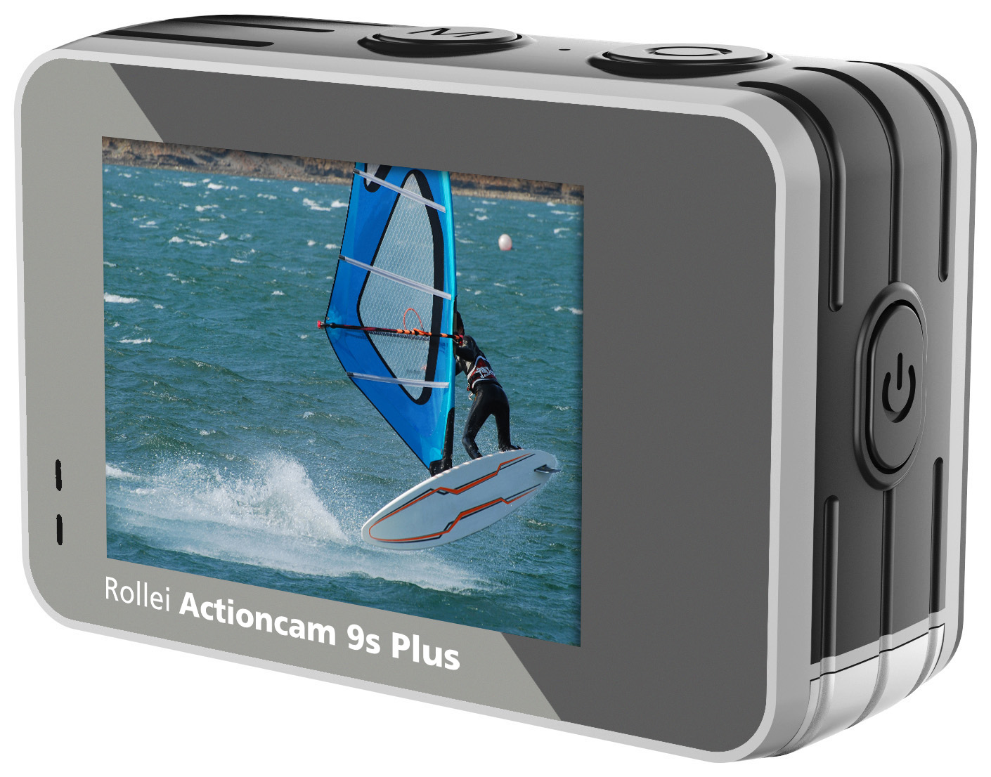 Actiecamera met scherm waarop een windsurfer op het water te zien is.