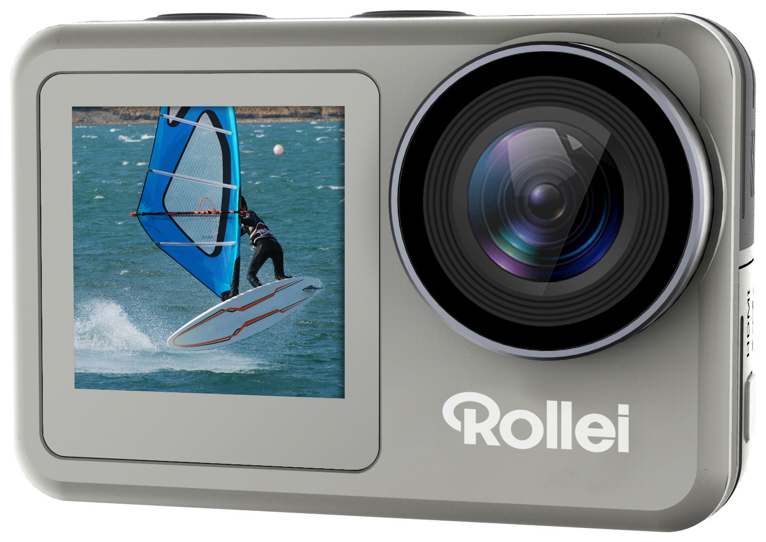 Grijze actiecamera met een windsurfer op een scherm. De achtergrond is de oceaan.
