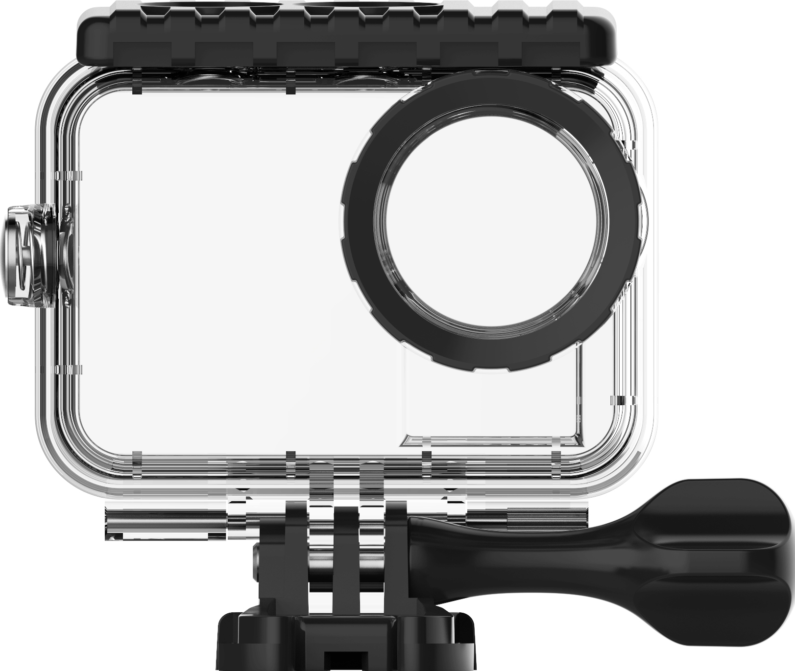 Zwarte waterdichte camerabehuizing met een doorzichtige voorkant en een zwarte handgreep.
