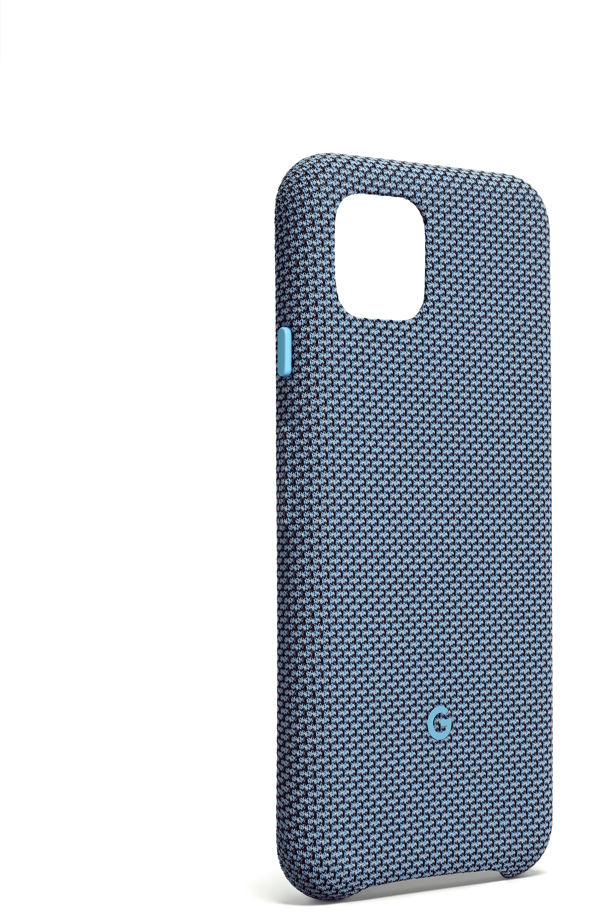 Google Pixel Handyhülle. Blaue Stoffstruktur, hellblauer Knopf. Weißer Hintergrund.
