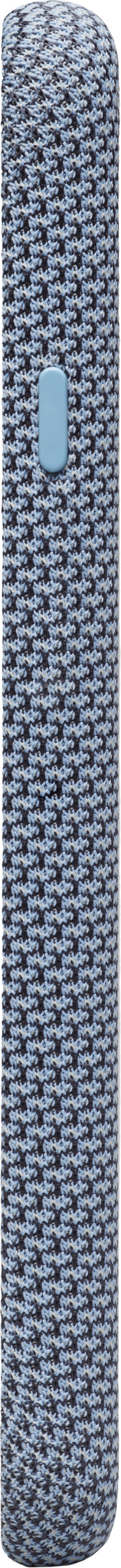 Ein hohes, hellblaues, strukturiertes Band mit einem hellblauen Knopf.