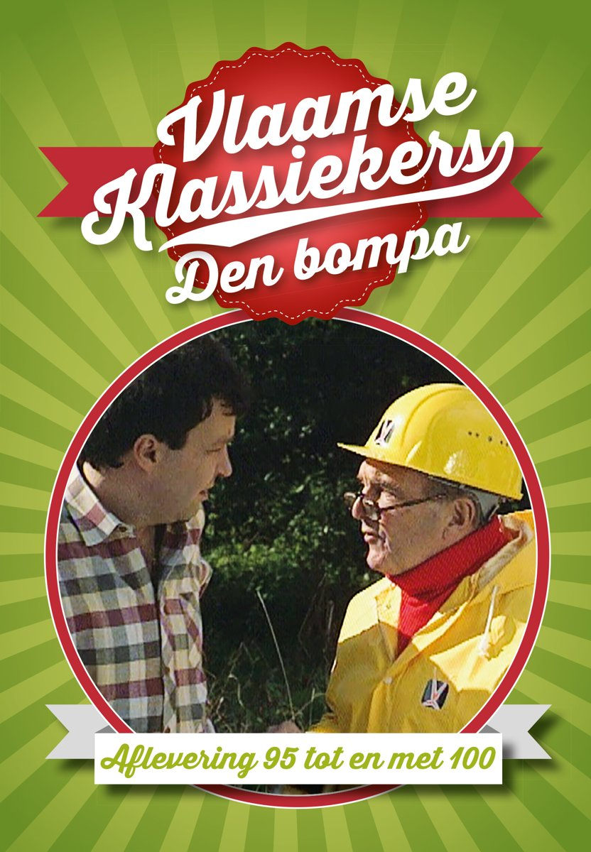 Affiche pour l'émission 'Vlaamse Klassiekers' avec deux hommes parlant, fond vert et bannière rouge.
