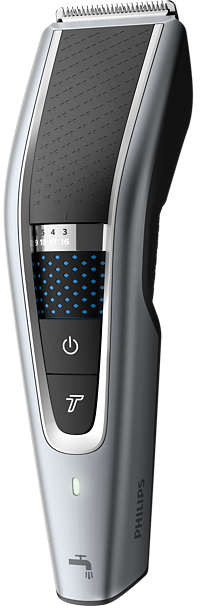 Silver and black hair trimmer with power and trim adjustment buttons, and a water drop icon.