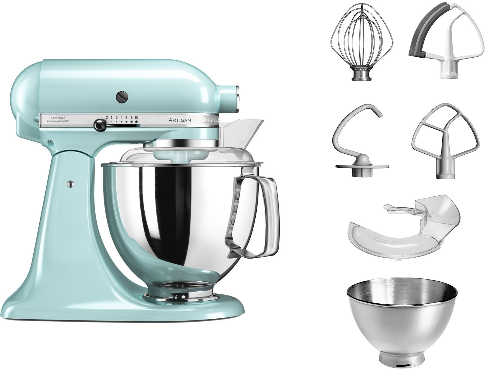 Ein hellblauer KitchenAid-Küchenmixer mit verschiedenen Aufsätzen und einer Edelstahlschüssel.