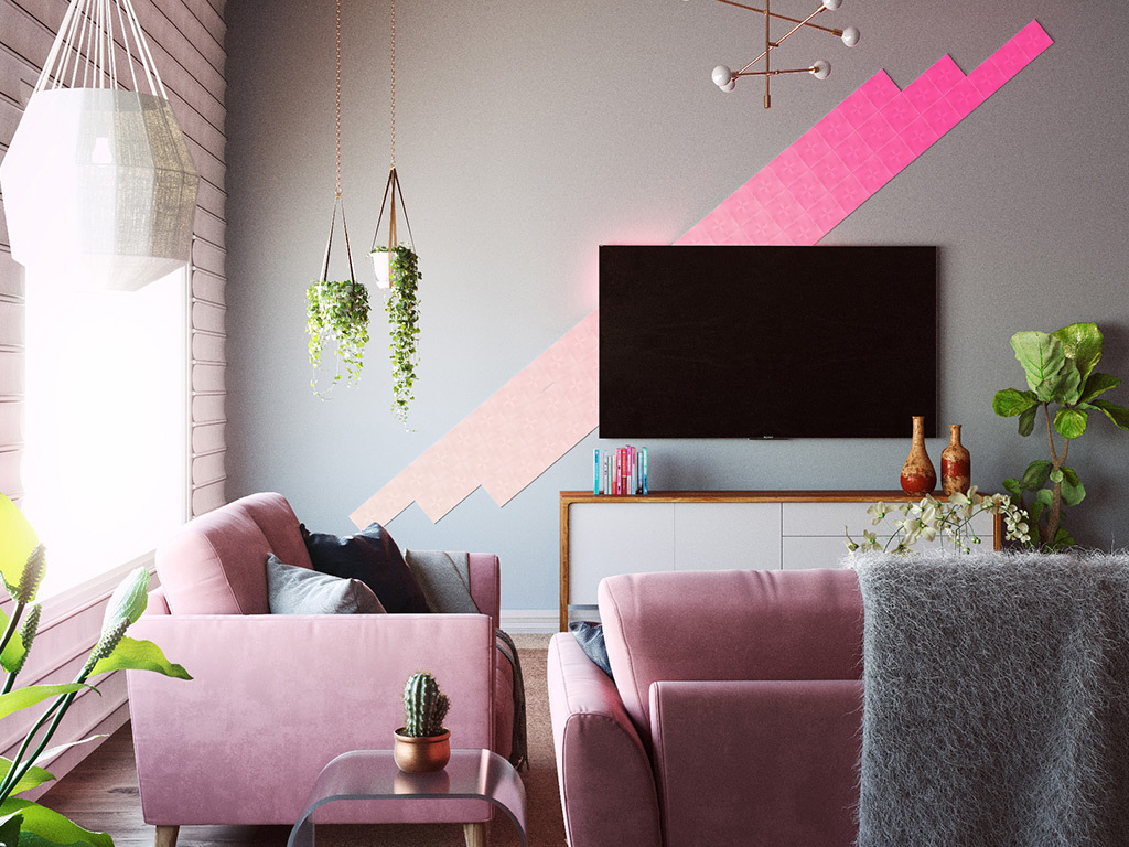 Modernes Wohnzimmer mit rosa Sofas, Pflanzen, TV und farbenfroher Wandkunst.