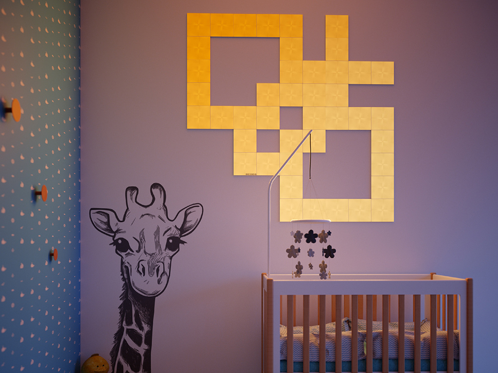 Ein Babyzimmer mit Giraffenzeichnung, beleuchteten Wandpaneelen, einer Krippe und dekorativen Elementen.