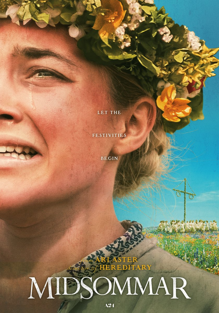Affiche du film Midsommar. Une femme avec une couronne de fleurs pleure. Le titre est en bas.