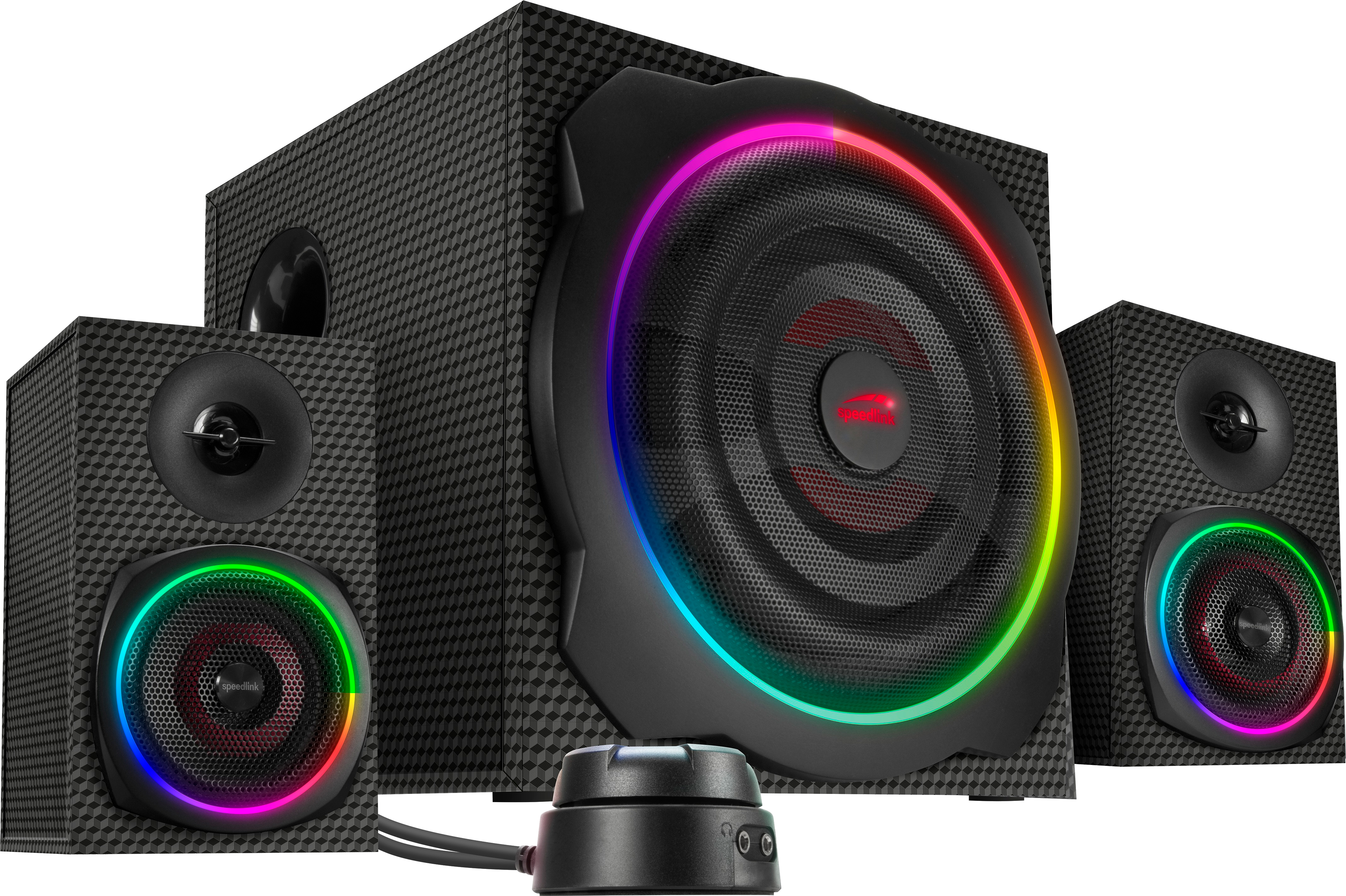 Schwarzes Lautsprechersystem mit Subwoofer und zwei kleineren Lautsprechern mit RGB-Beleuchtung.