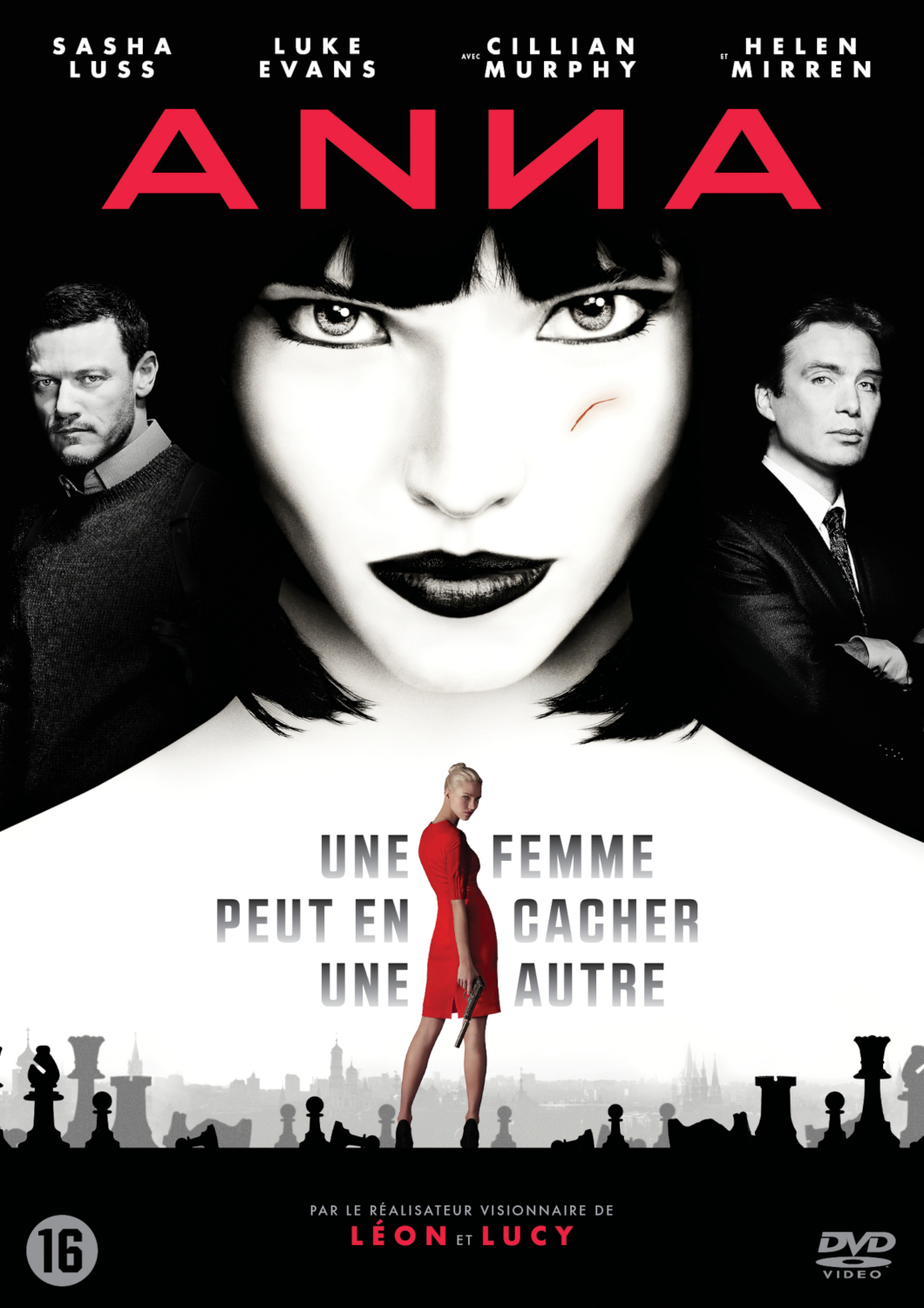 Anna filmposter. Gezicht van een vrouw met zwarte lippenstift, met de hoofden van acteurs achter haar.