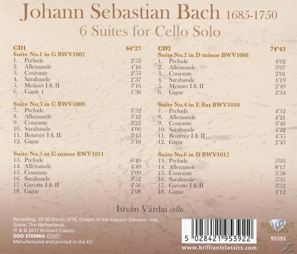 Egy CD-tok hátulja, amely Johann Sebastian Bach szvitjeit sorolja fel.