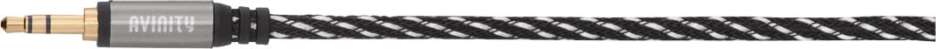 Câble audio tressé avec connecteur doré, motif noir et blanc.