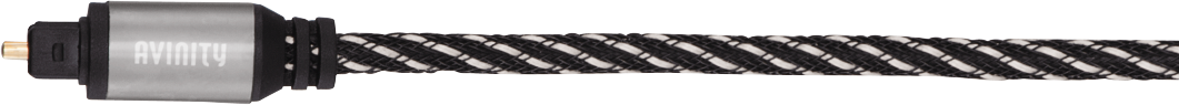 Un câble audio avec un design tressé noir et blanc, avec un connecteur argenté.