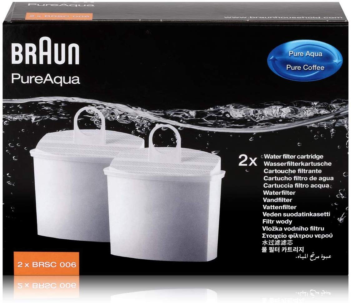 Two Braun PureAqua water filter cartridges in a box. White filters on a white background.