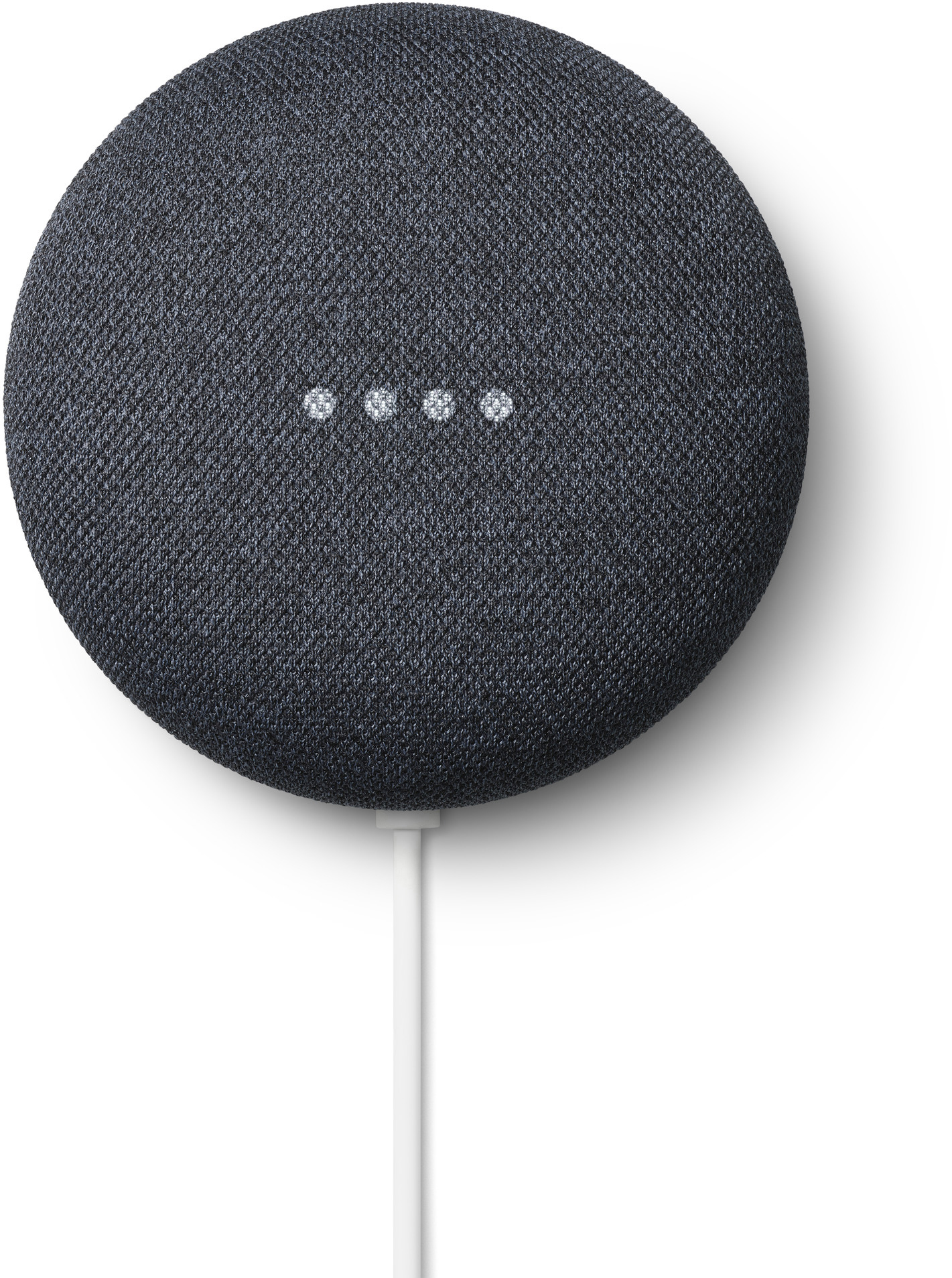 Google Nest Mini Lautsprecher, dunkelgrau, runde Form, weißes Kabel. Drei Lichter leuchten.