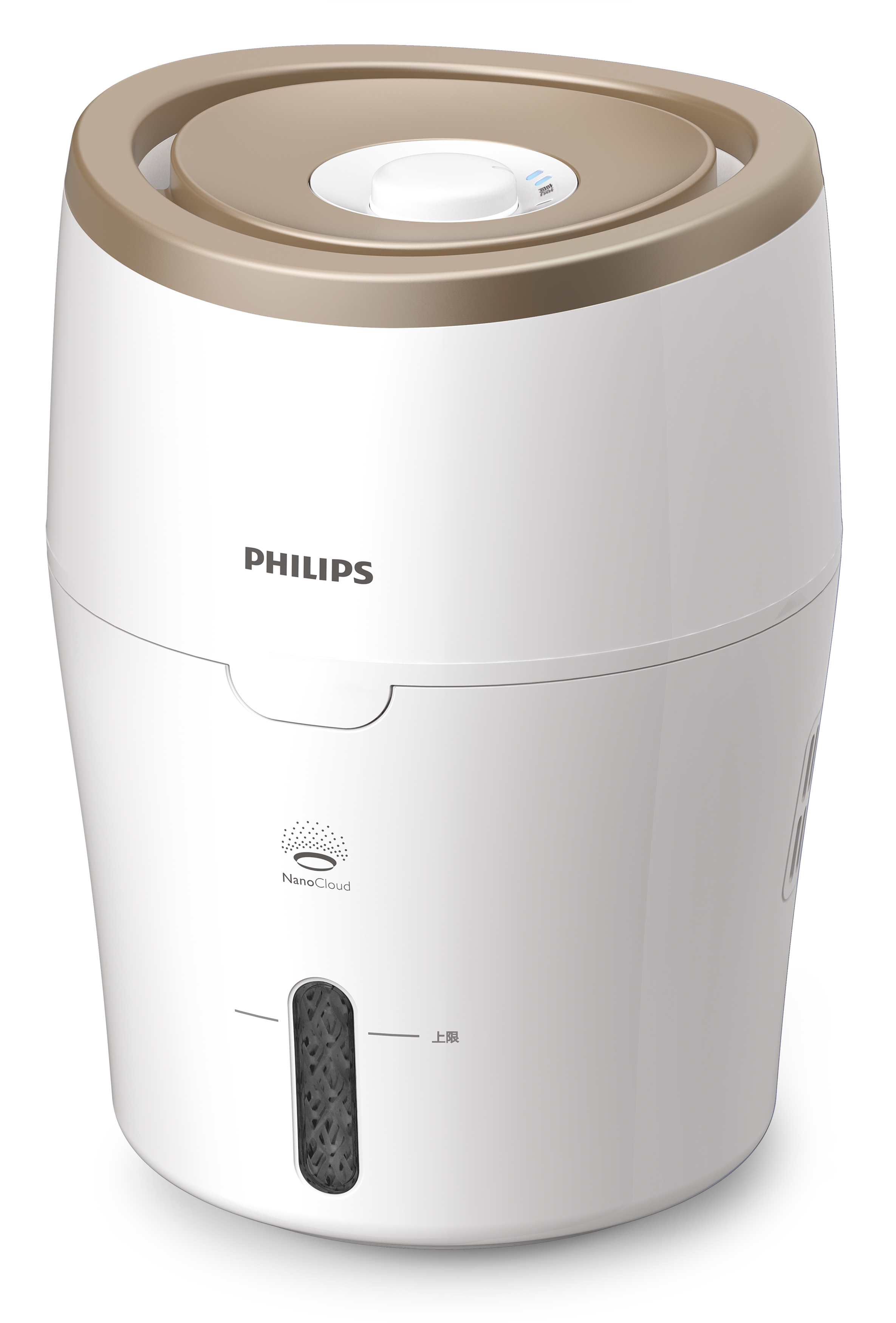Weißer und goldener Philips Luftbefeuchter. Hat ein Bedienfeld oben und einen NanoCloud-Filter.