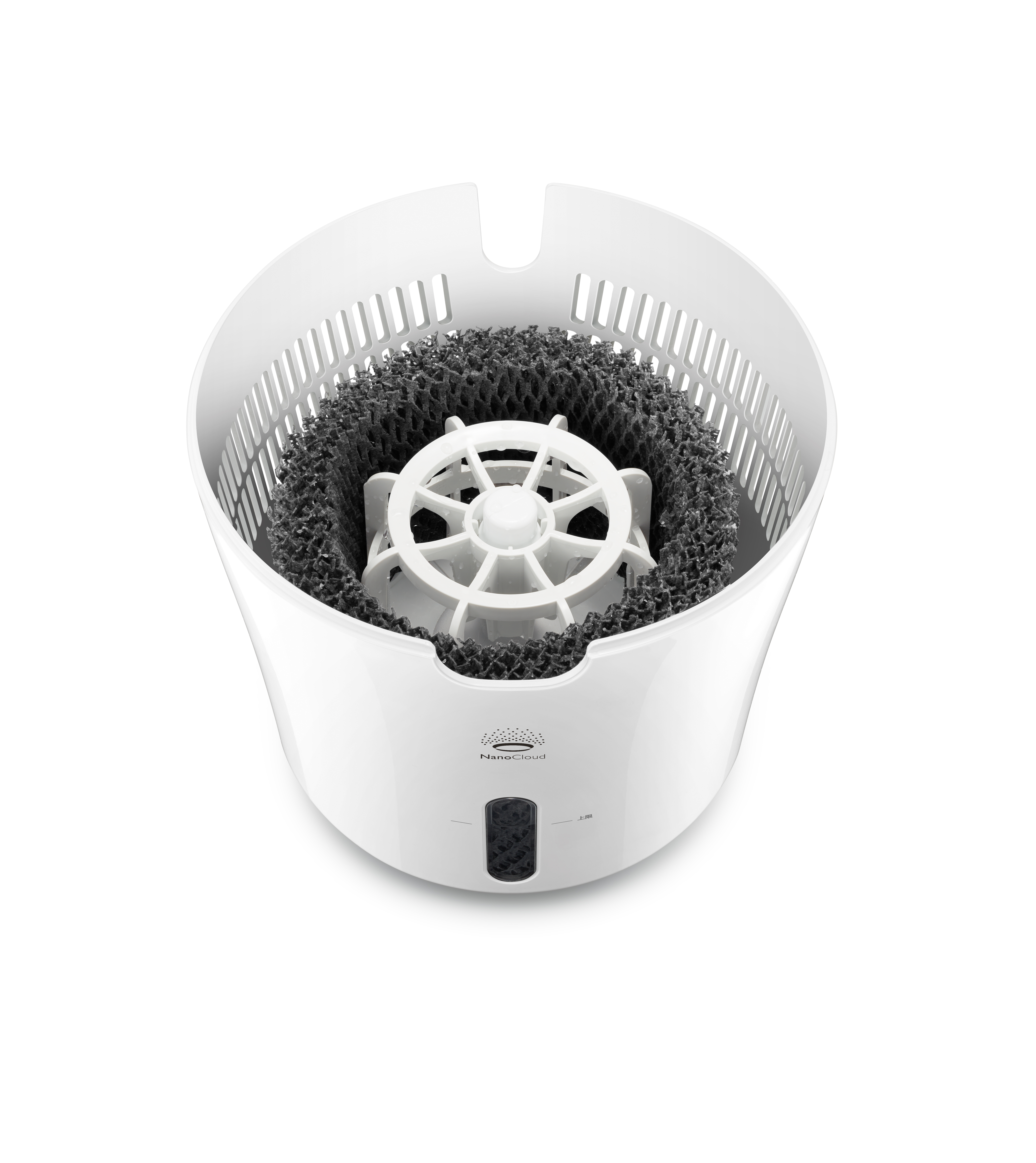 Weißer, zylindrischer Luftbefeuchter mit zentralem Ventilator und dunklem Filter.