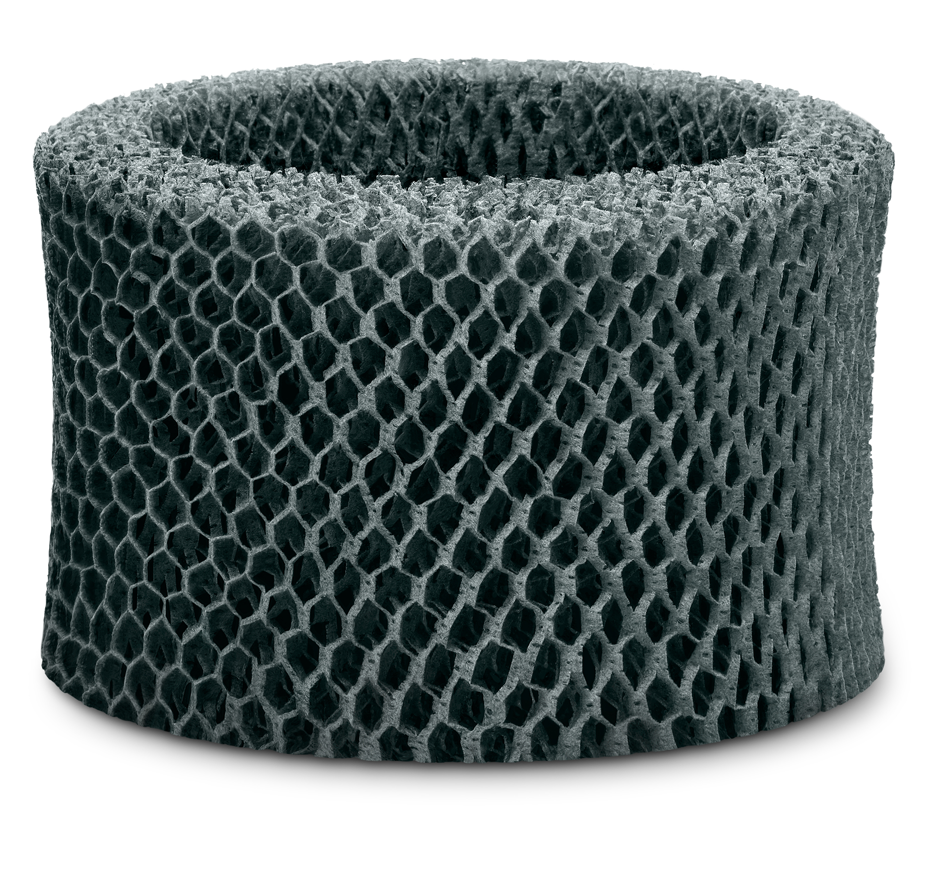 Zylindrischer Luftfilter mit Wabenstruktur, grau, auf weißem Hintergrund.