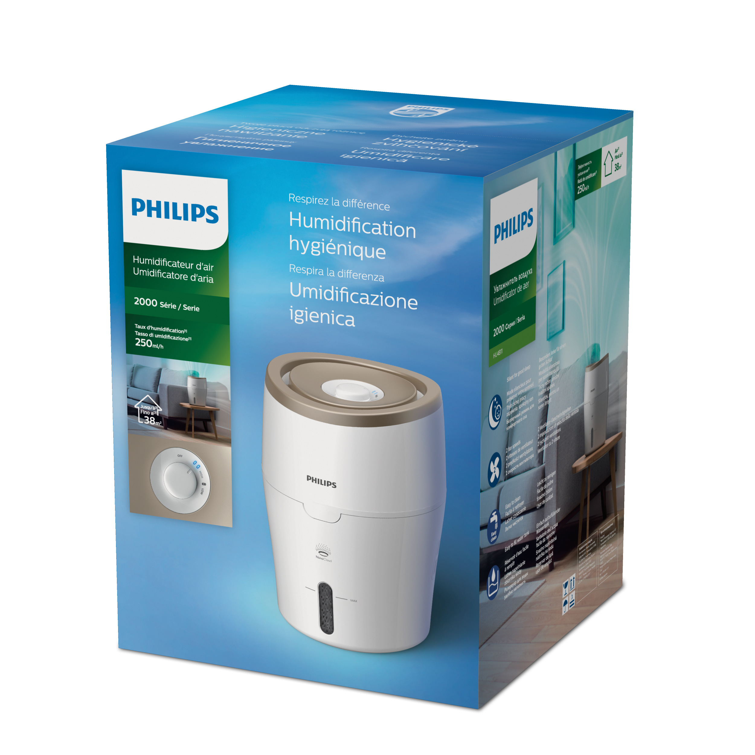 Philips Luftbefeuchter im Karton. Weißes und beiges Design, mit kleinem Digitaldisplay und Bedienknöpfen.
