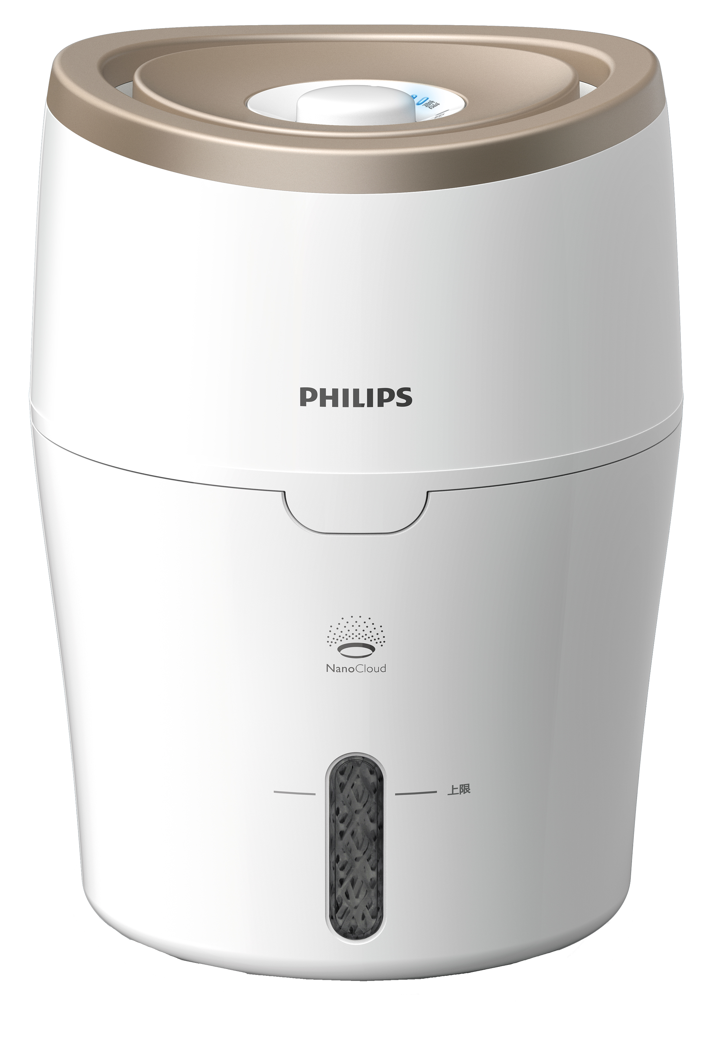 Ein weißer und goldener Philips Luftbefeuchter mit Wasserstandsanzeige und NanoCloud-Technologie.