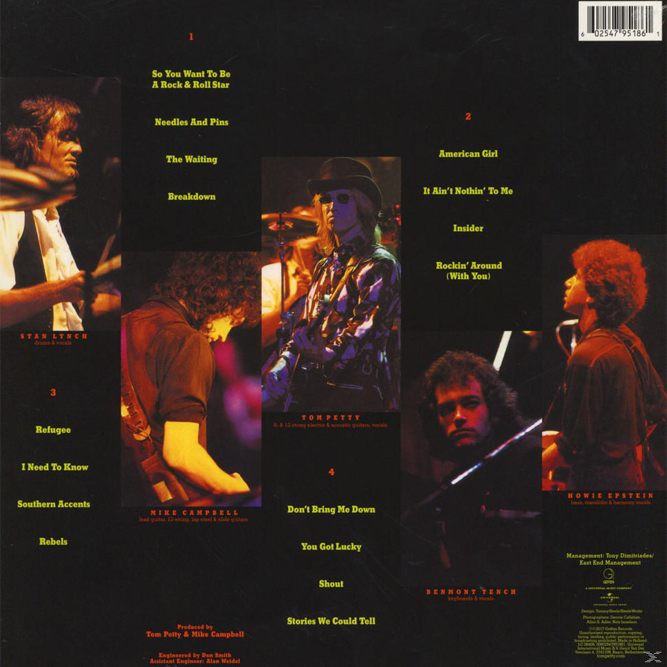 Album borító. A zenekar tagjai a színpadon, Tom Petty, dalszöveg lista és a zenekar tagjainak nevei. Fekete háttér.