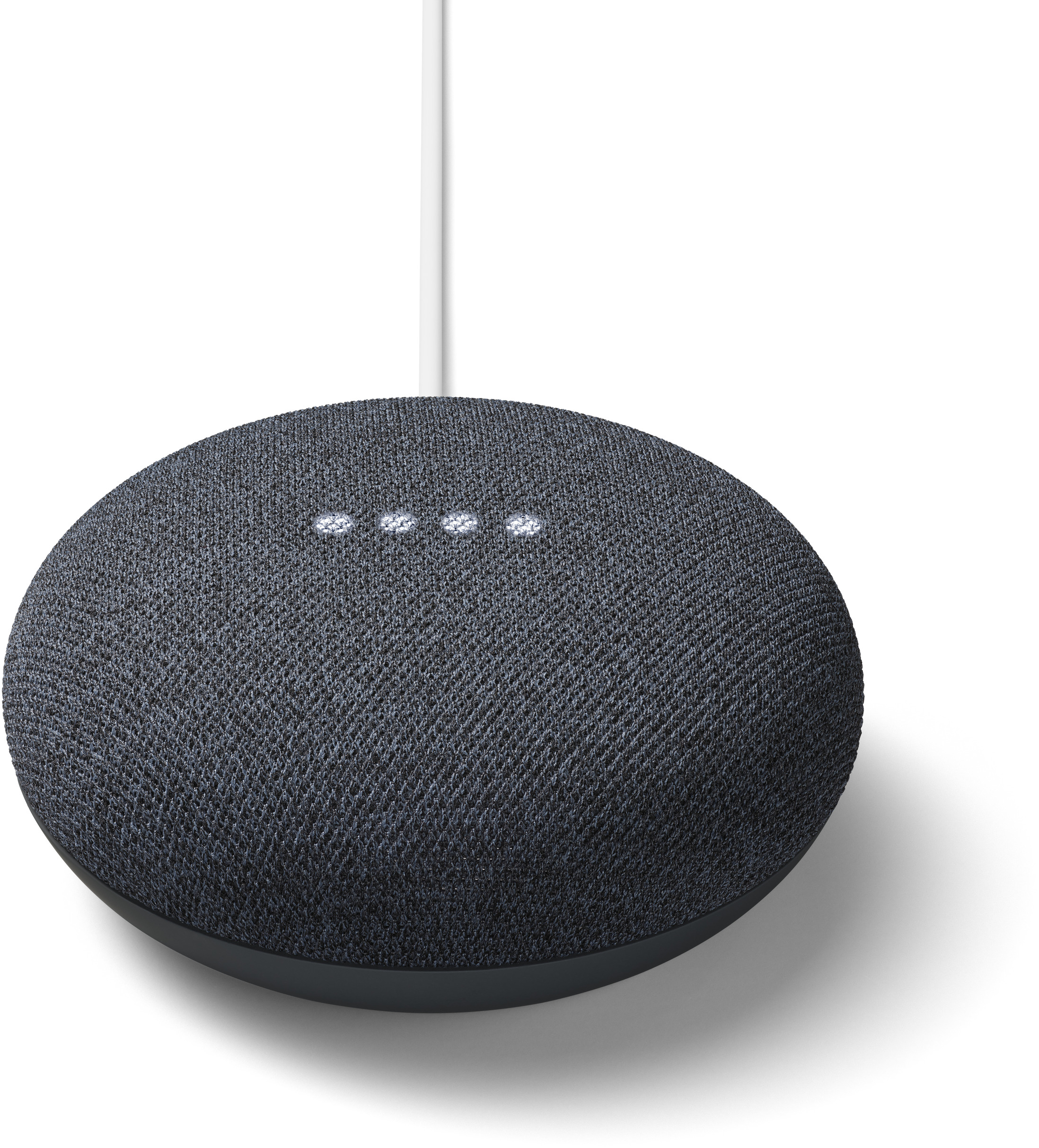 Ein dunkelgrauer Smart-Lautsprecher mit drei weißen Lichtern und einem weißen Kabel, auf weißem Hintergrund.