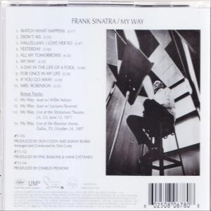 Achterkant van de CD-hoes voor Frank Sinatra's My Way album. Zwart-wit foto van Sinatra met een ladder.