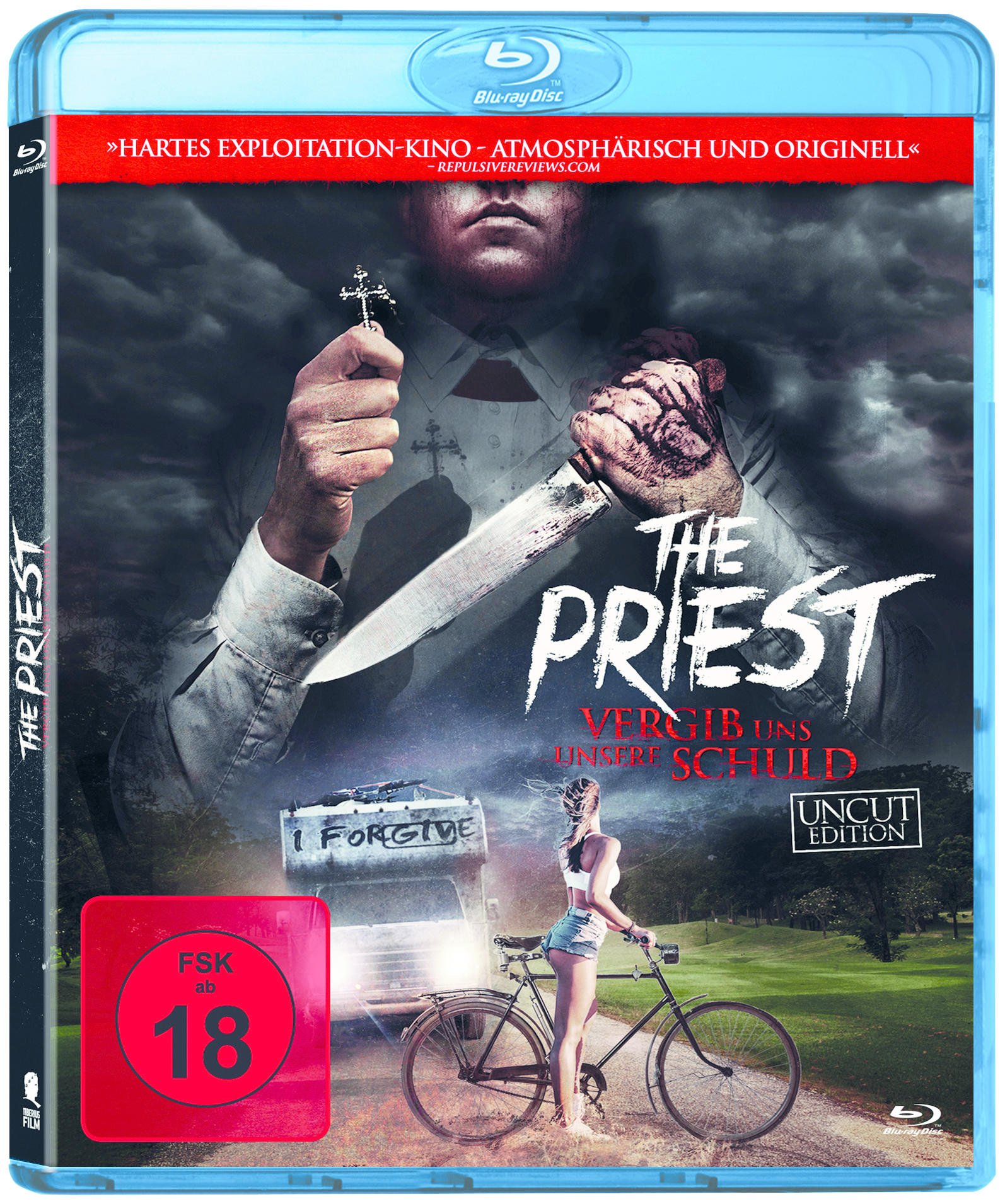 DVD-Cover mit einem Mann, der ein Messer hält, und einer Frau. Der Titel lautet The Priest.