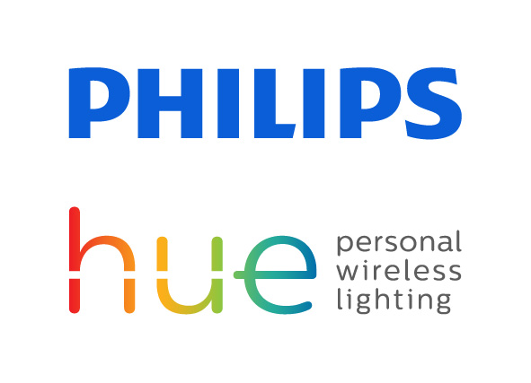 Die Logos von Philips und Hue. Hue ist in einem Regenbogenverlauf, und der Text 'personal wireless lighting'.
