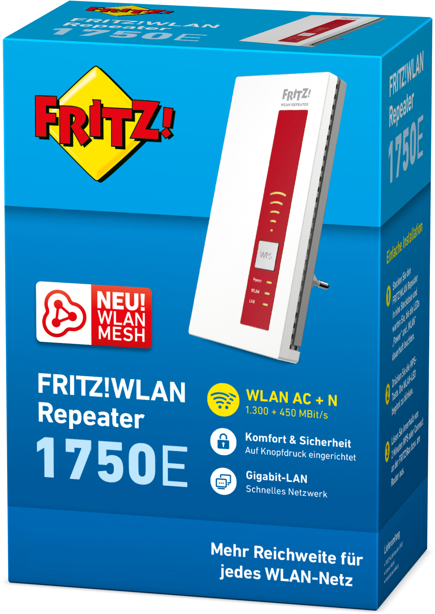 Fritz!WLAN Repeater 1750E Box. Enthält das Gerät, WLAN-Symbole und Produktinformationen.
